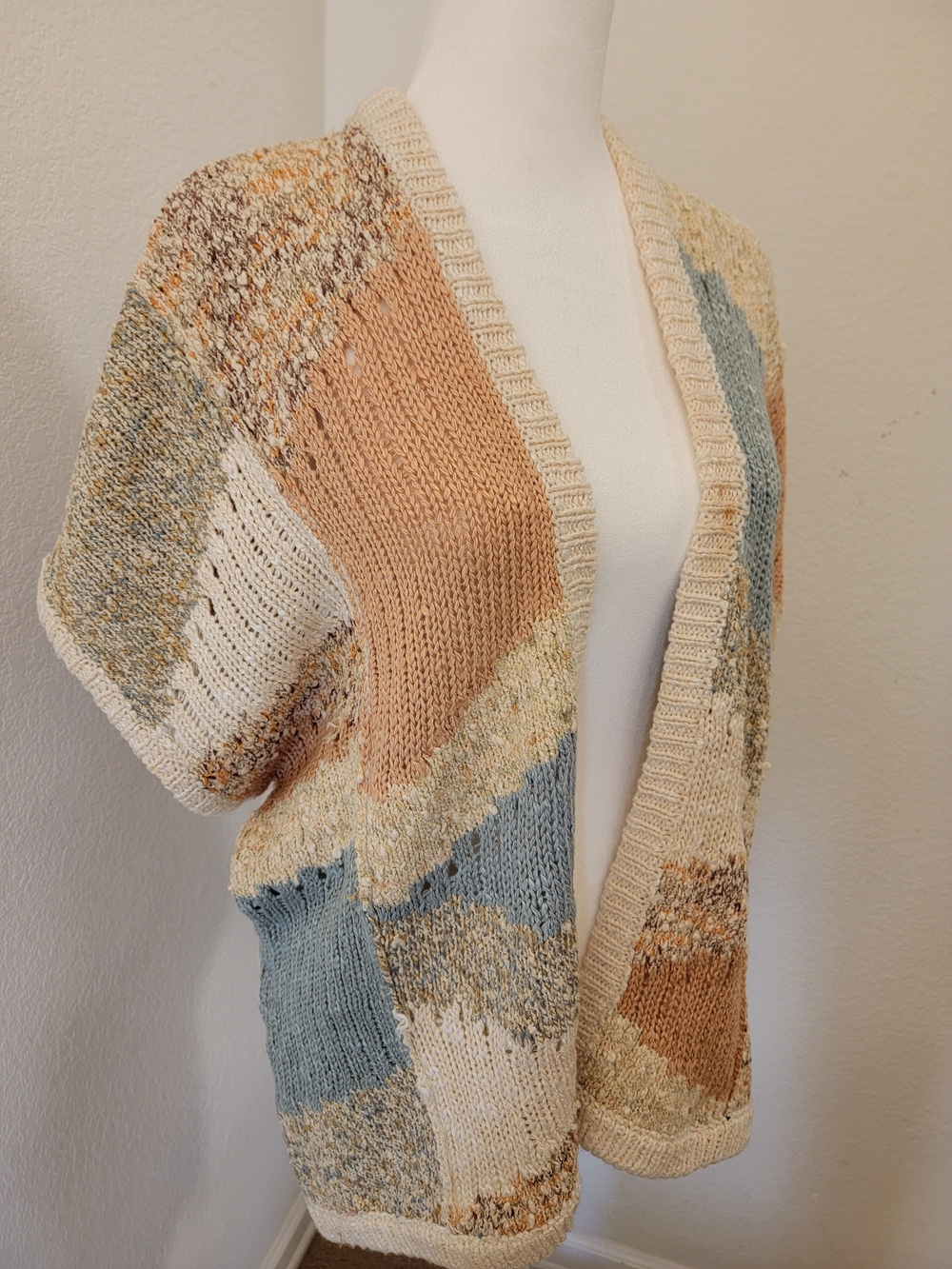 Vintage Gil Aimbez Boho Patchwork Cardigan Sweater in Cream, Tan & Blue - Medium